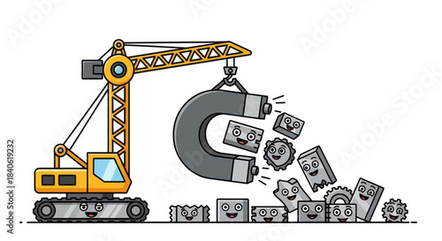 Crane Lifting Magnet Attracting Metal Blocks Showing Concept Of Attraction