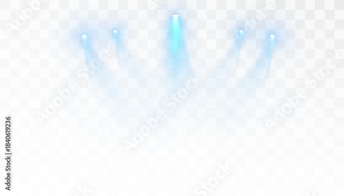 Stage spotlights with a blue glow and bright downward beams. Realistic vector spotlight for stages, presentations, and show decoration. On a white background. PNG.