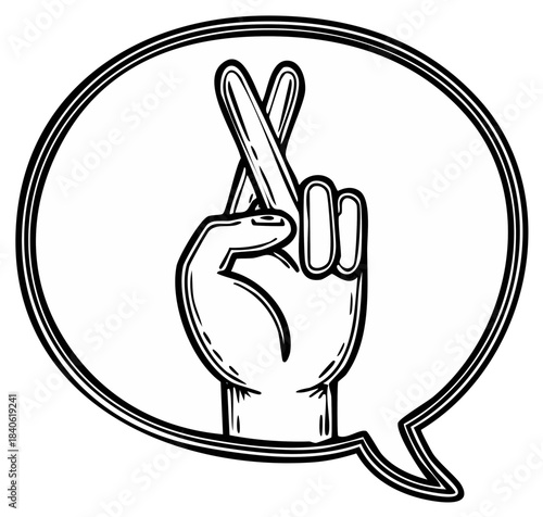 Fingers crossed hand gesture icon graphic in talking bubble represents hope wish or luck drawn with black lines on white background