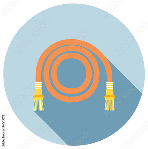 Orange garden hose coiled in a circle with yellow connectors and shadow effect