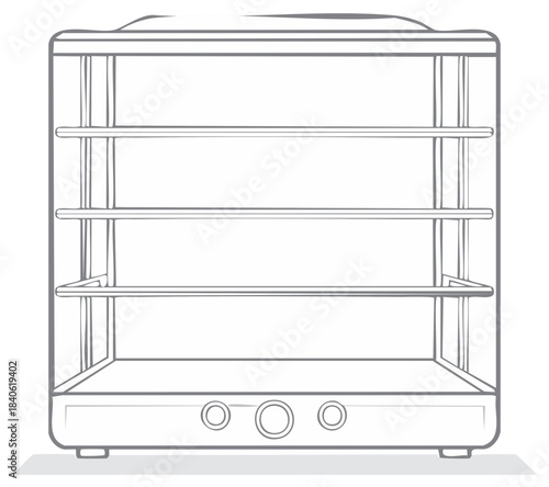 Line art drawing of a multi-shelf display cabinet with control knobs