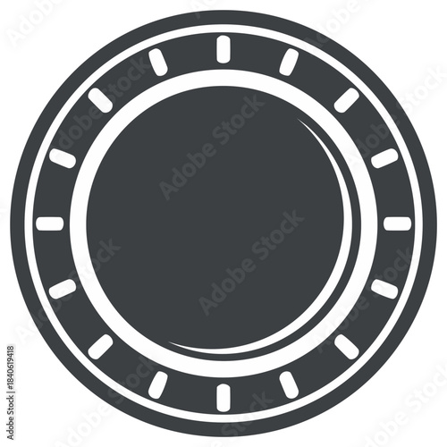 Round gray badge with white ticks on the edge, coin or token symbol, interface element, blank circle shape for decoration