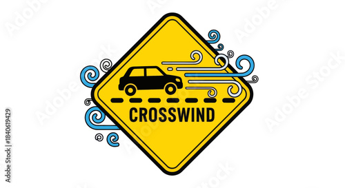 Crosswind Road Sign Featuring Automobile and Wind Symbolism with Warning Message