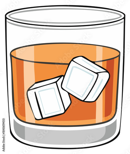 Refreshing amber liquid beverage with ice cubes in a clear glass simple cartoon style illustration