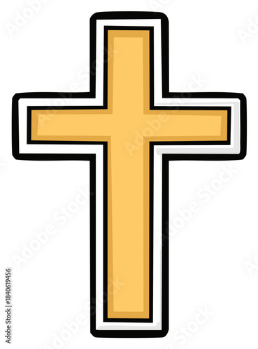Cartoon Christian Cross with Black Outline and Gold Center, Religious Symbol Isolated