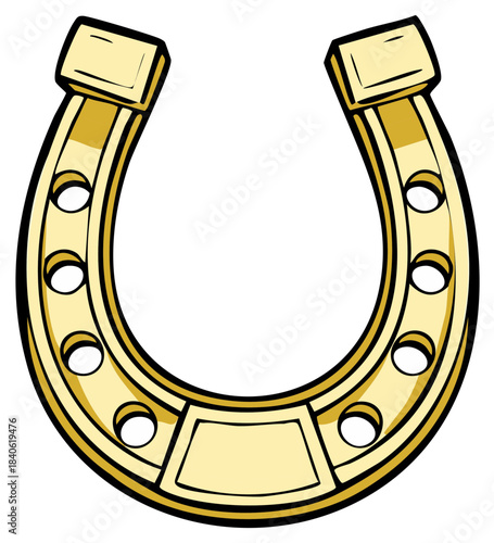 Illustrated gold horseshoe with design elements, lucky charm and good fortune