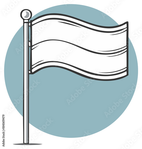 Illustration of a white flag waving on a flagpole against a blue circle background