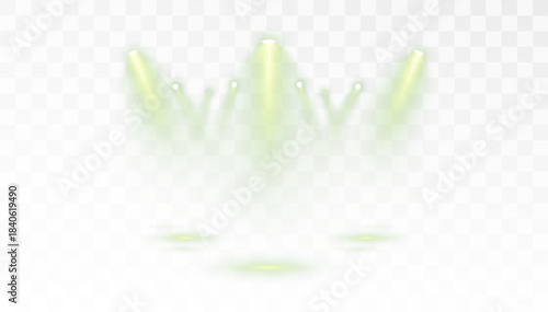 Realistic, bright stage spotlights with glowing beams and light particles on a clear, transparent background. Concert lighting design.