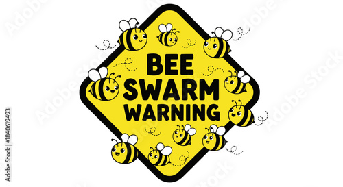 Cute Cartoon Bee Swarm Warning Sign, Illustrated Nature And Environmental Awareness