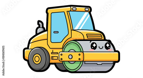 Cute Cartoon Steamroller With Kawaii Face Designed For Construction Projects And Kids