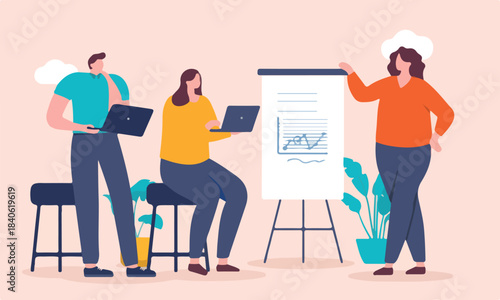 Business people in meeting working - Team of cartoon people in workshop with whiteboard, graph and charts contemplating and making project plan. Flat design vector illustration