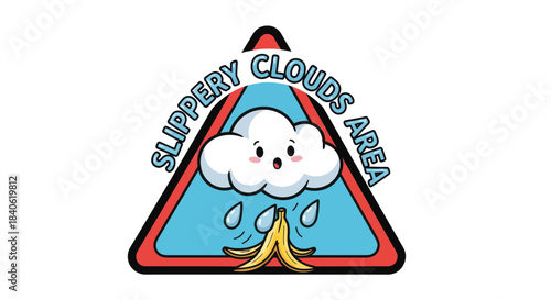 Cute Warning Sign Depicting Slippery Banana Peel Hazard In Heavenly Cloudscape
