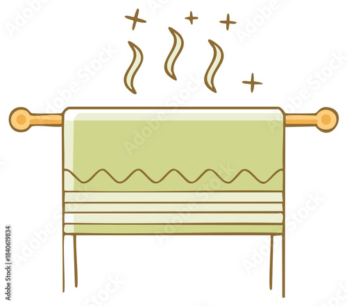 Steaming green towel hanging on a wooden rack with wavy lines and stripes