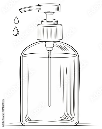 Hand sanitizer bottle illustration with pump and drops, clear container with fluid, hygiene outline vector drawing