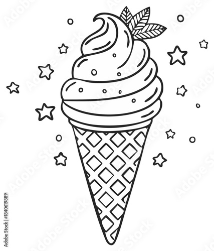 Whimsical ice cream cone outline decorated with stars and topped with mint leaves, ideal for coloring book pages and food illustrations.
