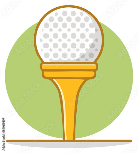 Golf Ball on Tee Cartoon Style Icon, Sporting Good Equipment on Green Field Background