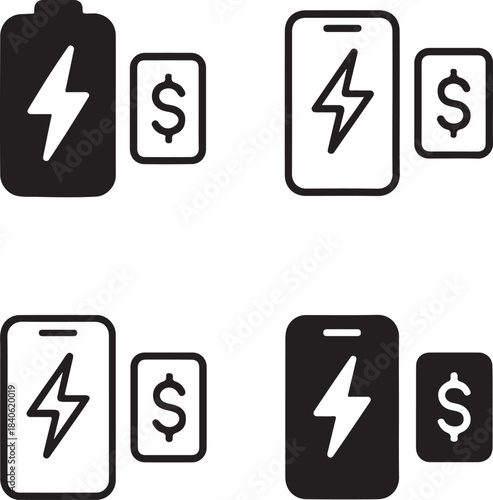 Recharge icon, mobile vector, top up battery, electricity symbol, solid black, minimal outline, thin stroke, recharge illustration, battery icon, mobile topup, energy vector