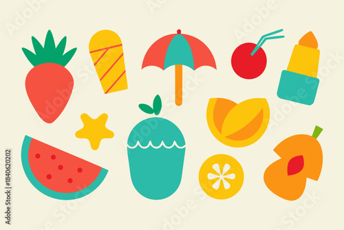 Bright summer icons featuring tropical fruits and beach essentials