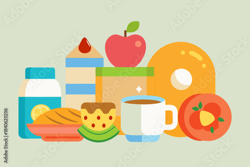 Healthy breakfast food flatlay with fruit milk and coffee