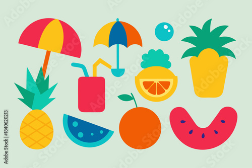 Vibrant beach icons featuring fruit and umbrellas on a light green background