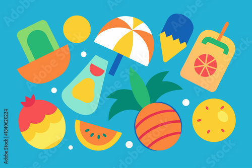 Colorful summer elements floating against a bright teal background