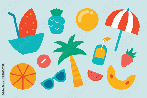 Colorful summer icons featuring tropical fruits beach accessories and palm trees