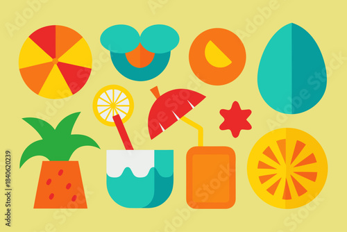 Colorful summer drinks and tropical fruits illustration