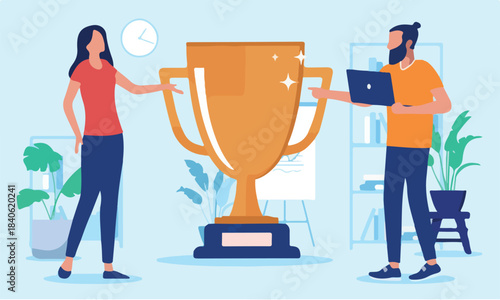 Business people with trophy cup - Man and woman in office winning award for being great and accomplish achievement. Flat design vector illustration