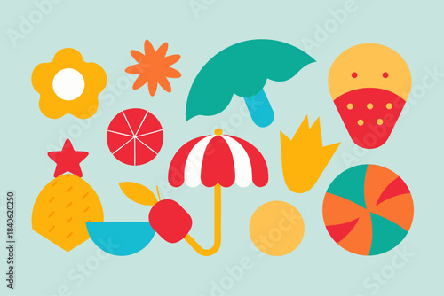 Colorful flat design summer icons featuring fruits and beach elements