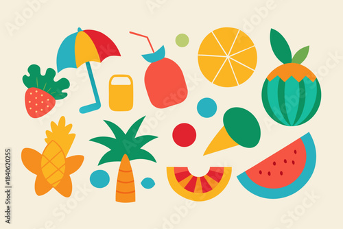 Colorful summer fruit and beach icons collection