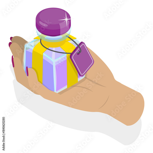 3D Isometric Flat Vector Illustration of Perfume Bottles, Perfumes Held By Female Hands. Item 4