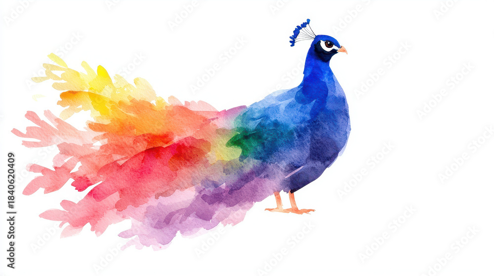 Obraz premium Vibrant watercolor depiction of peacock showcasing colorful tail with hues of blue, purple, and yellow, evoking sense of beauty and elegance