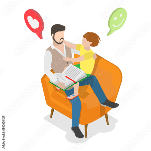 3D Isometric Flat Vector Set of Parents Learning with their Kids, Engaging In Educational Activities Together. Item 2