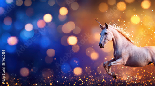 Majestic unicorn gallops through vibrant, colorful background filled with shimmering bokeh lights, creating magical and enchanting atmosphere