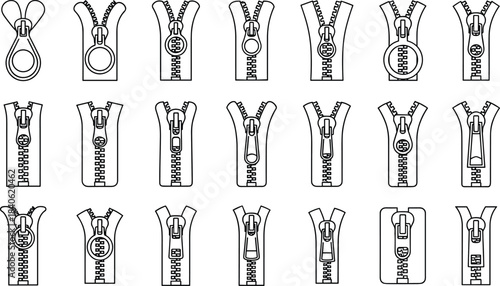 Collection of zipper puller illustrations with various slider designs and teeth styles, garment accessory elements for sewing, tailoring, fashion apparel projects