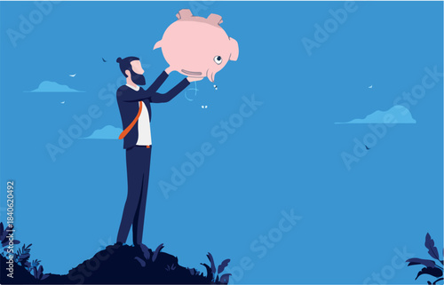 Business poverty - Man with piggy bank trying to find money. Economic problem and budget crisis concept.