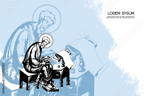 Religious vintage poster template with Matthew Levi the Apostle. Christian illustration in Byzantine style