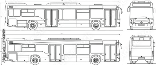 Detailed technical drawing of city bus in front, rear, and side views, transportation blueprint illustration for automotive design, engineering, planning projects