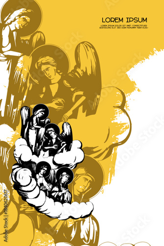 Religious vintage poster template with Blessed Virgin Mary and Angels. Christian illustration in Byzantine style