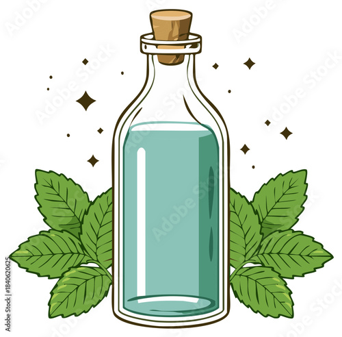 Glass bottle filled with clear liquid and cork stopper adorned with mint leaves and sparkles