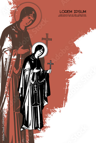 Religious vintage poster template with Sv. Petka, Saint Parascheva of the Balkans. Christian illustration in Byzantine style