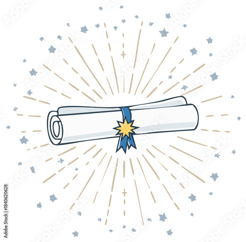 Rolled diploma with ribbon, starburst rays, and stars, celebrating achievement.