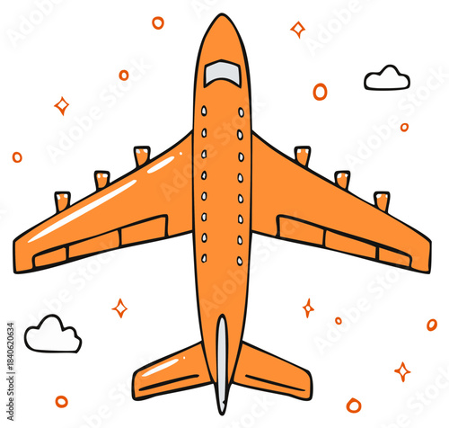 Orange airplane flying, hand-drawn passenger plane with cute clouds and sparkles for travel concept.