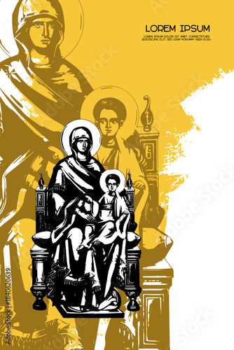 Religious vintage poster template with Blessed Virgin Mary and Jesus Christ sitting on throne. Christian illustration in Byzantine style