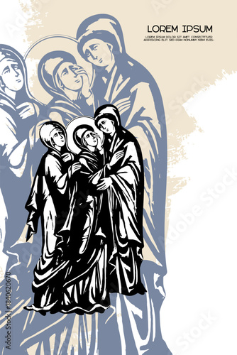 Religious vintage poster template with Madonna, Holy God's mother (Good Friday). Christian illustration in Byzantine style