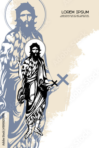 Religious vintage poster template with John the Baptist. Christian illustration in Byzantine style