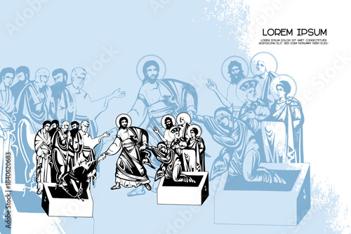 Religious vintage poster template with Resurrection of Jesus. Christian illustration in Byzantine style
