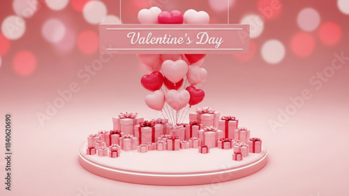 Valentine's Day Display: A captivating display features heart-shaped balloons, gift boxes, and a sign celebrating Valentine's Day, perfect for conveying feelings of love and affection.