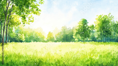 Serene watercolor landscape featuring lush green grass and vibrant trees under bright sky, evoking sense of tranquility and nature beauty