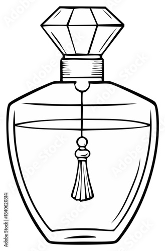 Elegant perfume bottle with a diamond crystal cap and tassel vector line art illustration